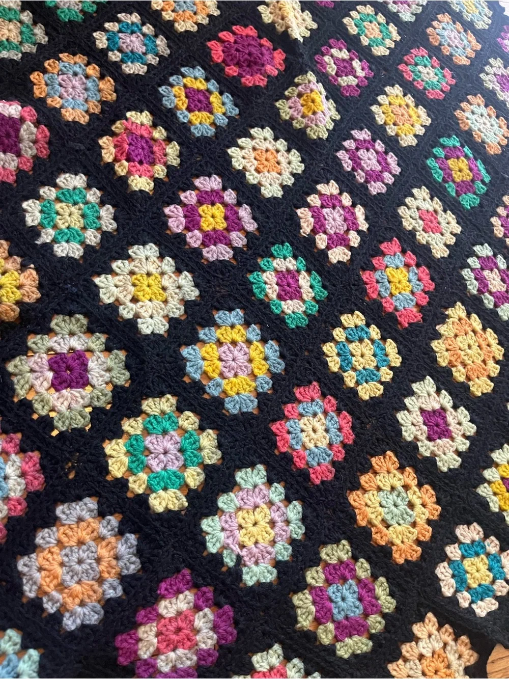 Handmade Crochet Granny Square Multicolor Bordered Blanket Throw Vintage 67x41
